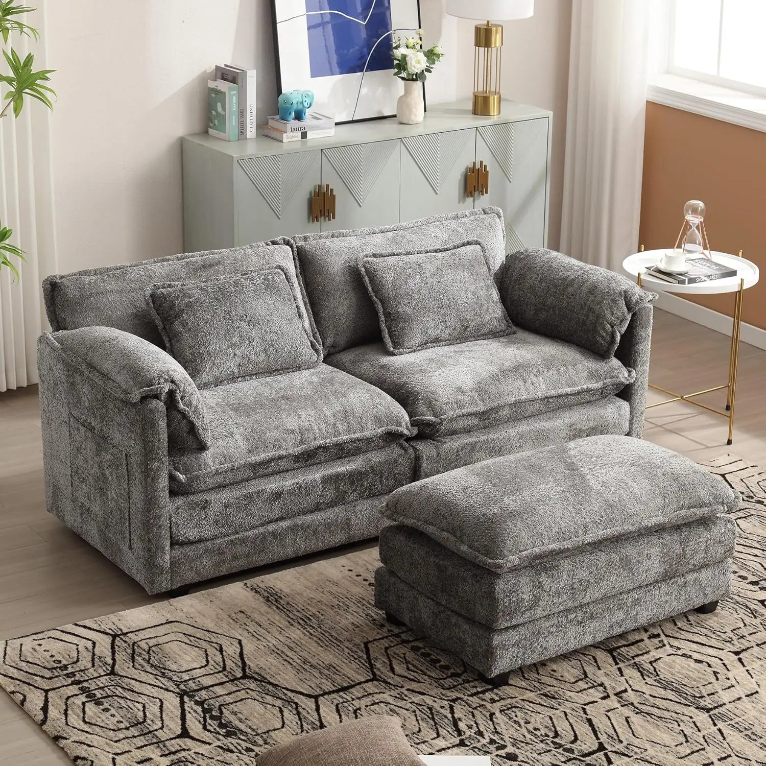 Sectional Modular Cloud Sofa Couch, 76.77" Chenille Comfy Upholstered L-Shape Sofa with Re-moveable Ottoman and 2 Pillows