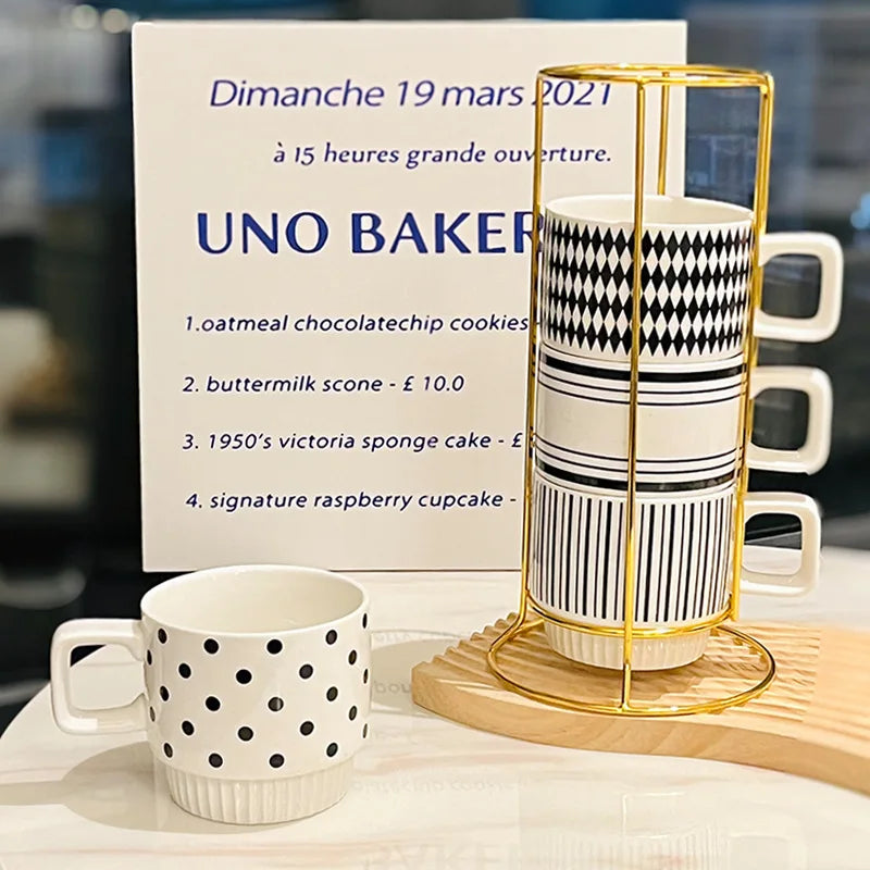 Coffee Mugs Set of 4, 13 Ounce Stackable Coffee Mug Set with Stand, Stoneware Coffee Cup with Spoon for Coffee, Milk, Tea, Cocoa