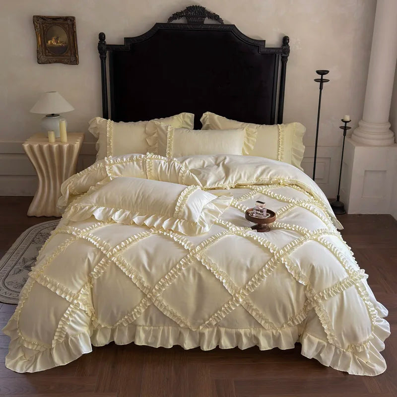 4Pcs French Princess Style Ruffles Bedding Set Double King Queen Size Wedding Bedroom Duvet Cover Flat/Fitted Sheet Pillowcases