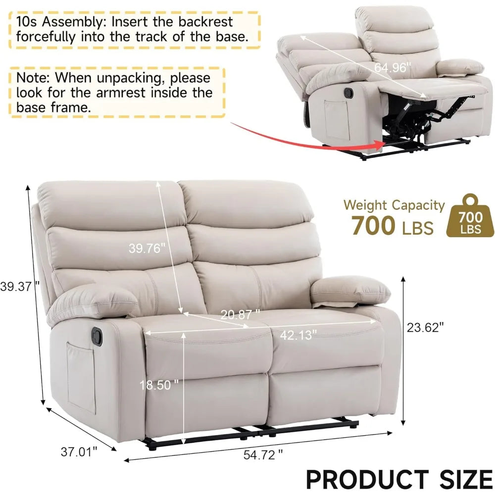 Reclining loveseat, leather double recliner sofa with side pocket, wall hugger loveseat recliner for living room, rv, home theat