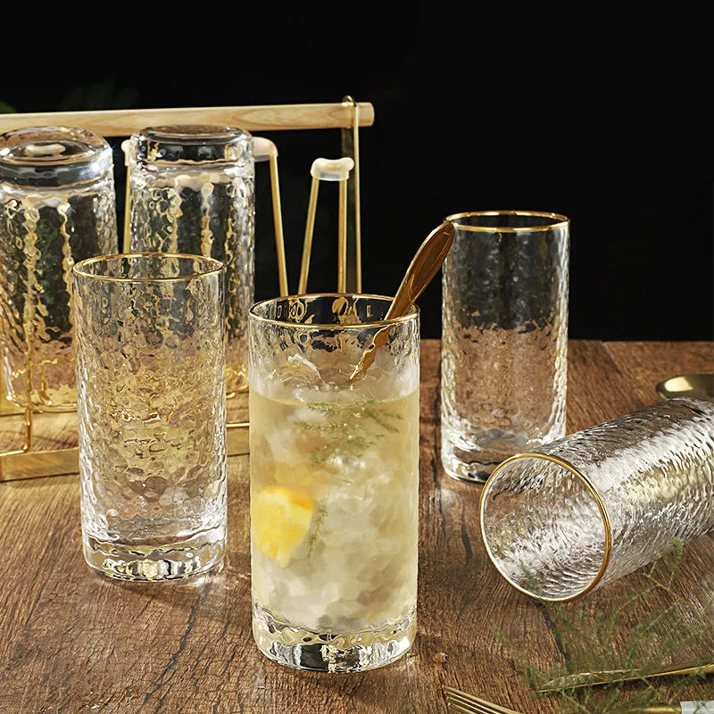 4pcs Set 11oz 320ml Gold Edged Water Cup Relief Wine Glass Household Heat-resistant Tea Cup Juice Milk Soda Water Beverage Mugs