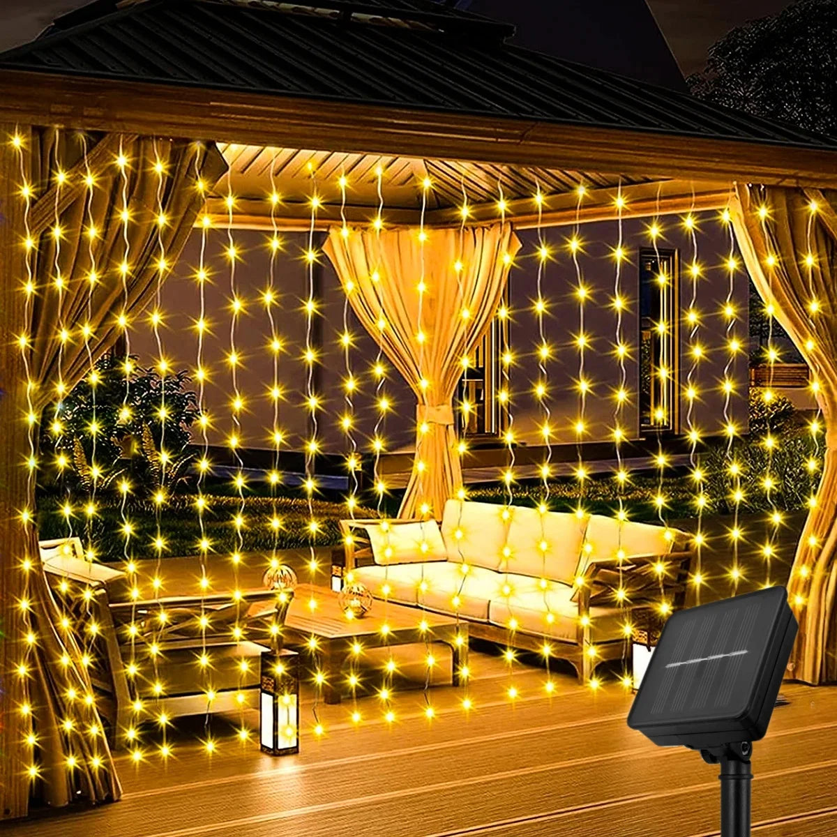 Outdoor Solar Curtain Light 3x3M 300Leds Holiday Decorations Garland 8 Modes Halloween Christmas Party Decor String Lights