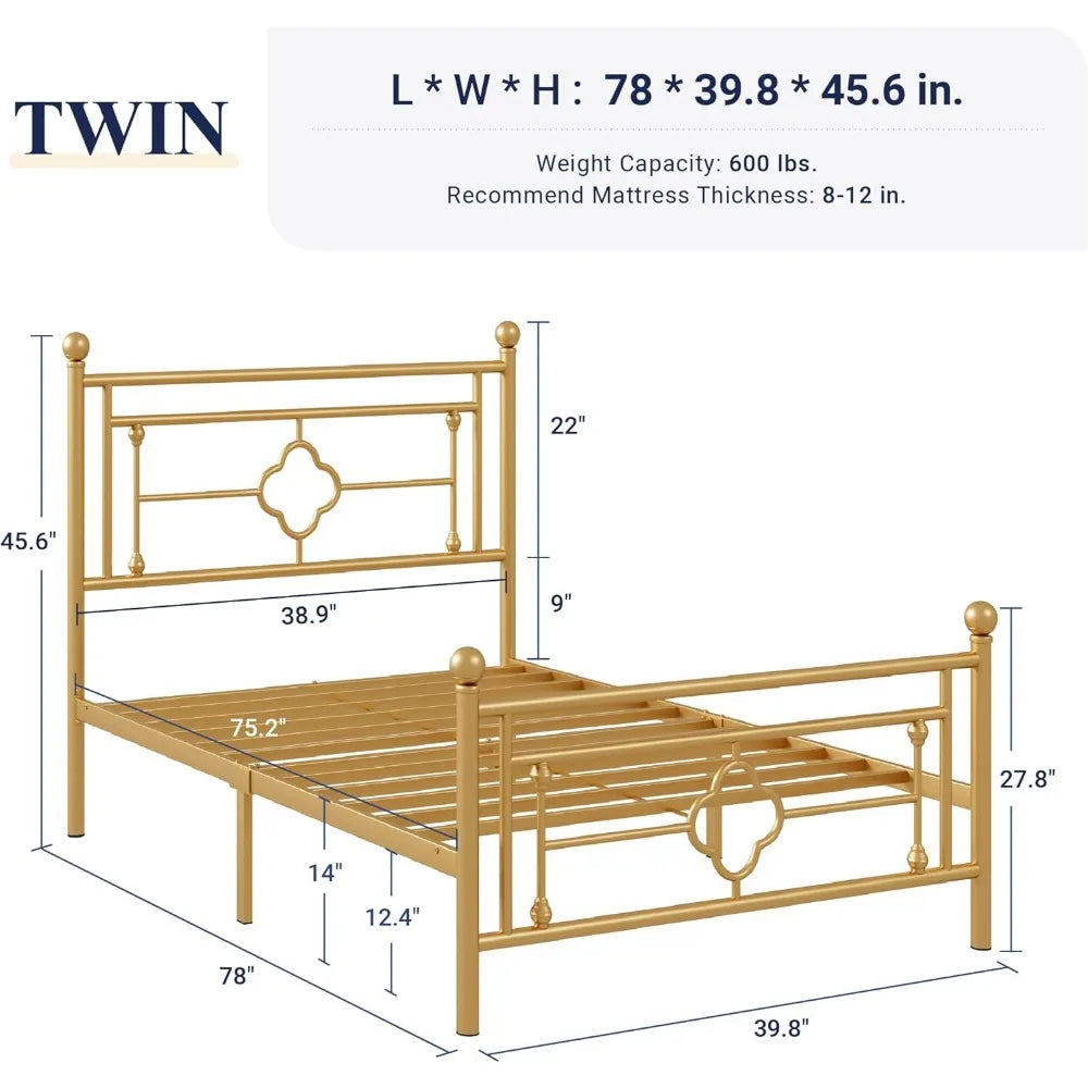Victorian Vintage Twin Size Metal Bed Frame – Gold Finish with Headboard & Underbed Storage