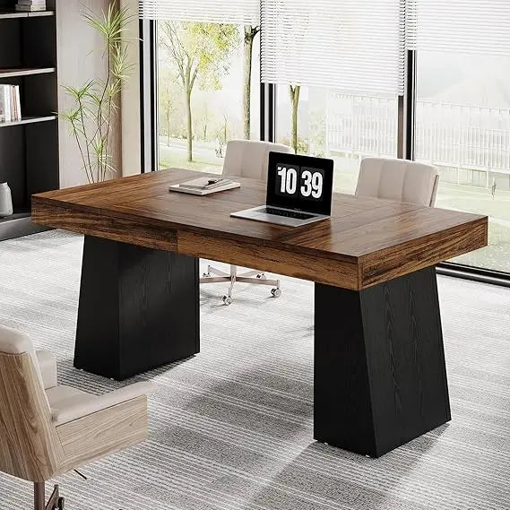 55 Mid-Century Modern Executive Office Desk with Double Trapezoid Base and Wood Construction