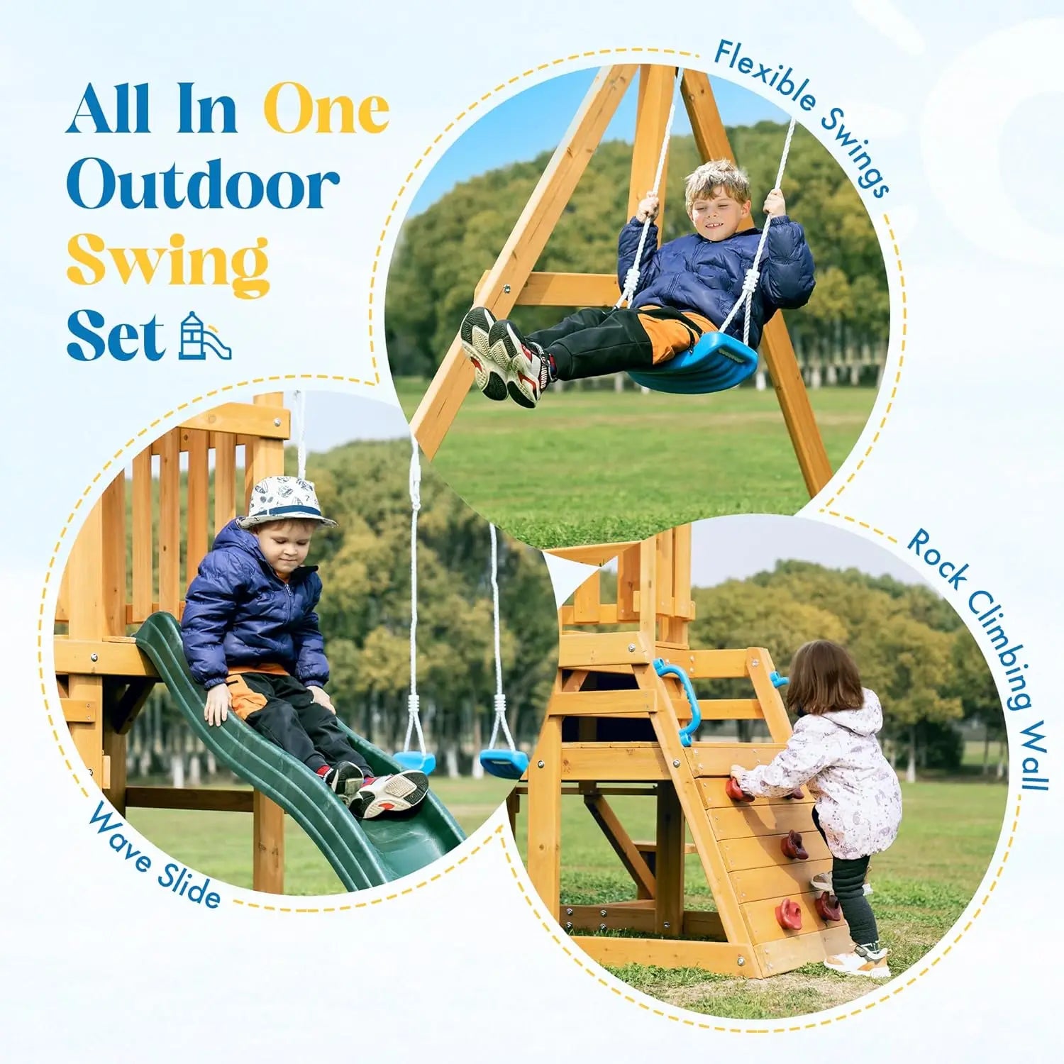 Robotime Robud Wooden Swing Set – Backyard Playset with Slide, Climbing Wall & Fort