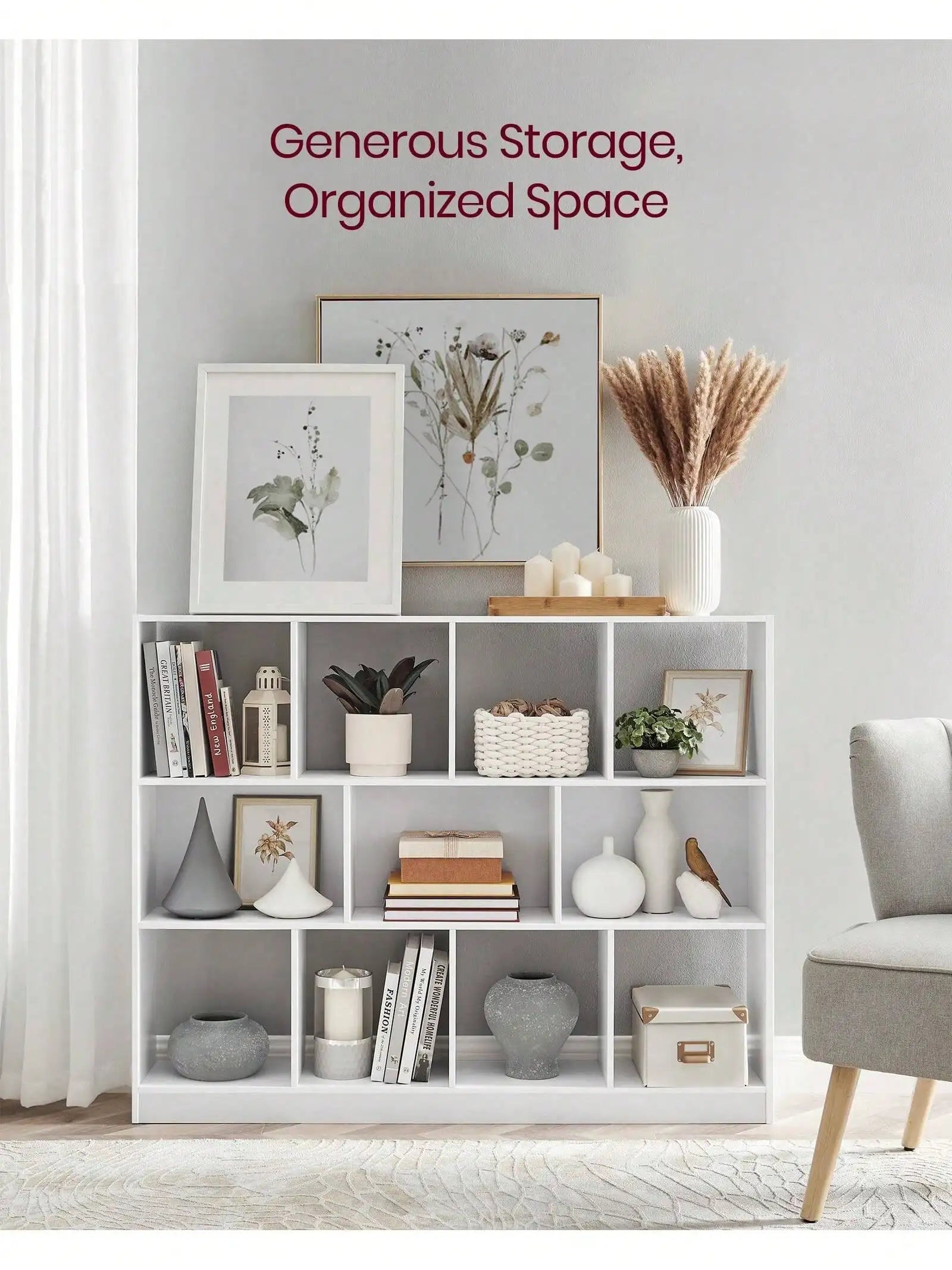 White Bookshelf with 11 Storage Compartments – Multi-Purpose Storage Shelf