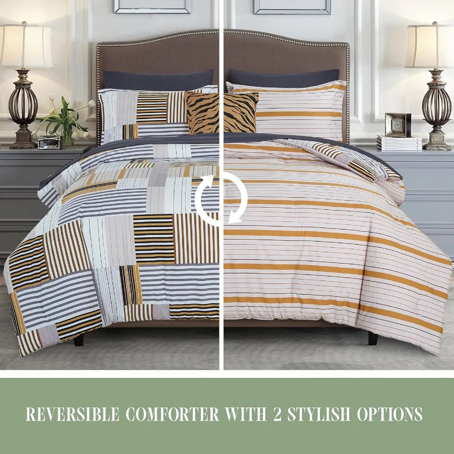 8-Piece Animal Print Patch Reversible Comforter Set – All-Season Bed in a Bag with Smart Pocket Sheets