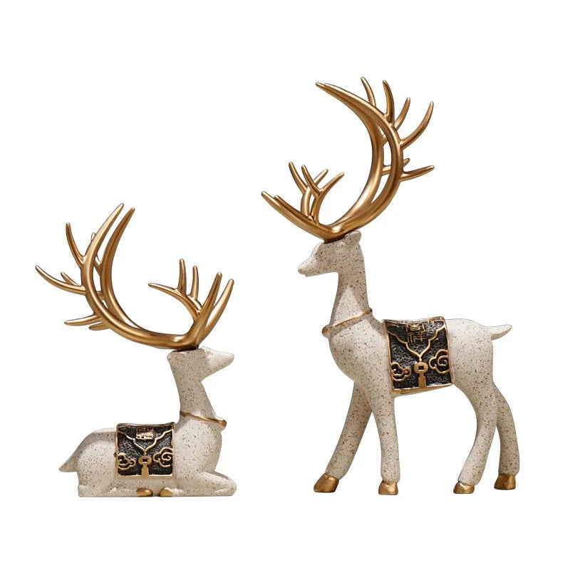 2Pcs/Set Resin Deer Figurine Elk Statue Reindeer Cute Deer Sculpture Christmas Home Desktop Car Dashboard Decoration Craft Gift