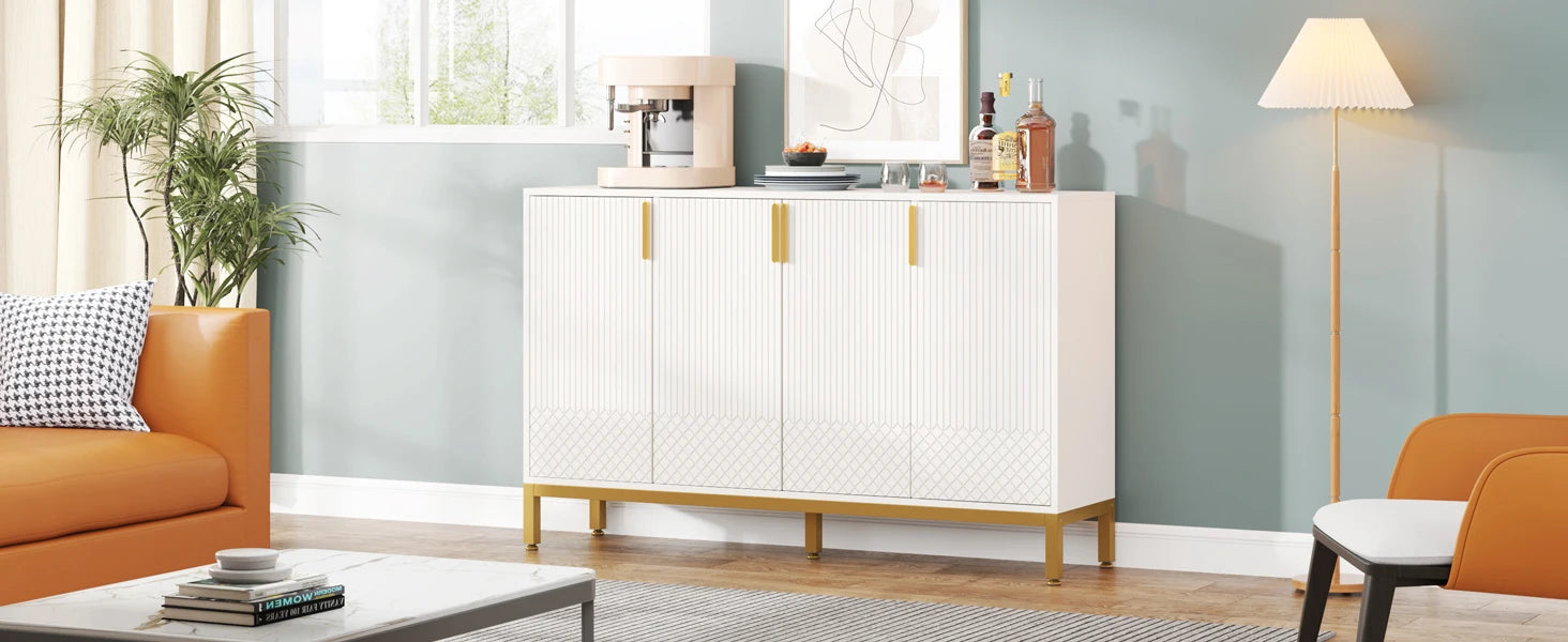Tribesigns Modern Storage Cabinet, 59 Inch Console Cabinet Sideboard Buffet Cabinet with 4 Doors & Gold Metal Base