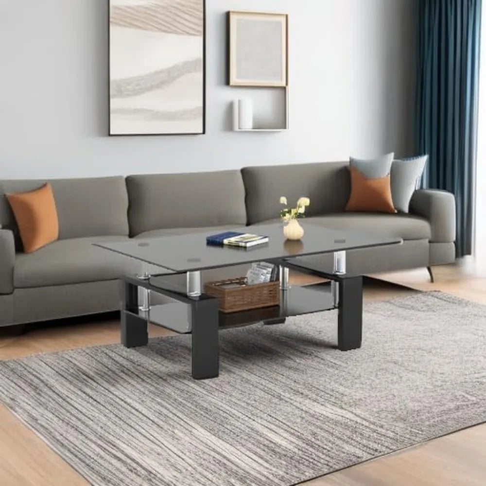 Modern 2-Tier Glass Coffee Table – Rectangular Black Glass Living Room Side Table