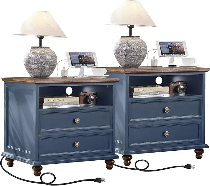 24" Wide Farmhouse Nightstand Set of 2 with Charging Station,End Table with 2 Drawers,Natural Wood Dresser for Bedroom Cabinet