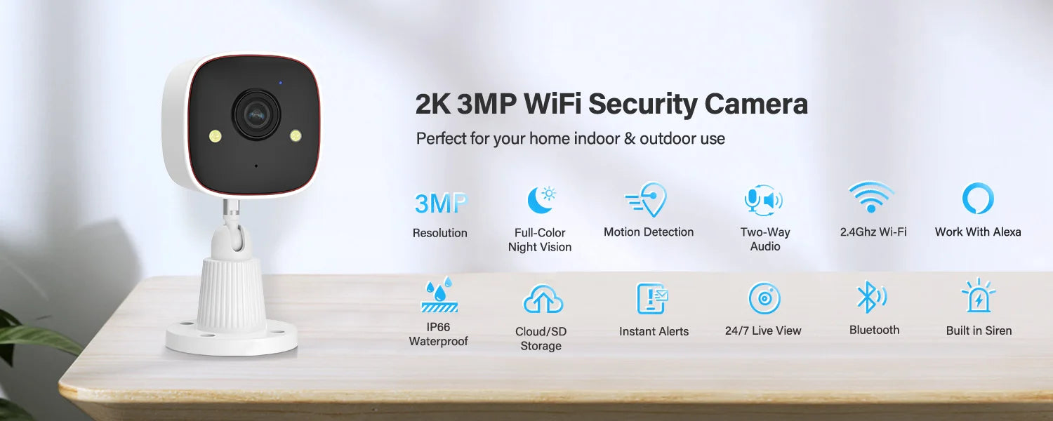 Outdoor Wireless Security Camera 3MP 1296P,Camera with WiFi, Home Security Surveillance, Property Monitoring, Indoor Security