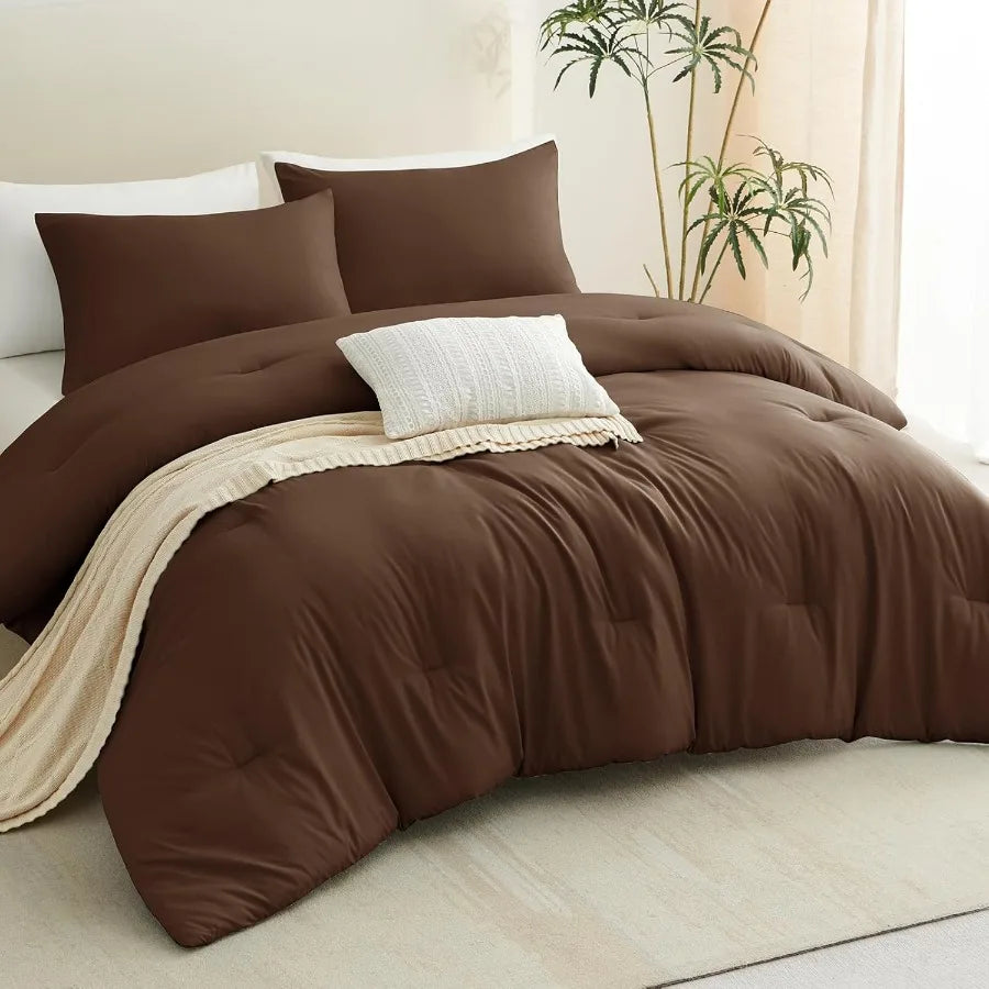 King Size Comforter Set Brown 3 Pieces Solid Comforters King Size Breathable Quilted Style Bedding Set Luxury Soft Bed Set with