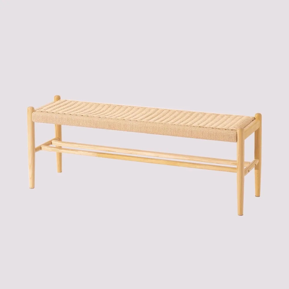 Solid Wood Entryway Bench – Rustic Oak Shoe Storage with Woven Design
