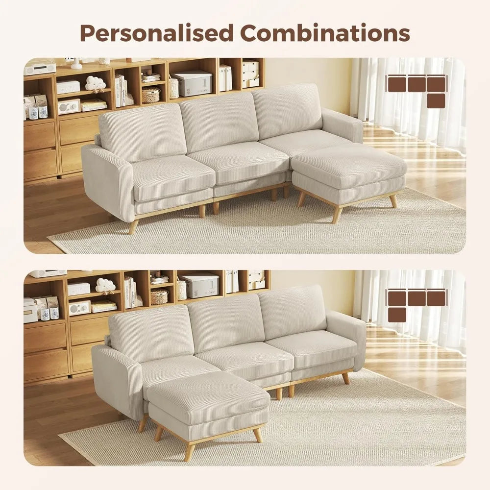 97" Modular Sectional Sofa Light Gray, L-Shaped Couch with Movable Ottoman, Comfy Corduroy Couch with Spring Cushion,