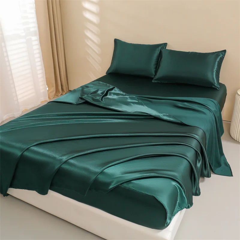Satin Bed Sheets, Queen Size Sheets Set, 4 Pcs Silky Bedding Set   1 Deep Pocket Fitted Sheet + 1 Flat Sheet + 2 Pillowcases