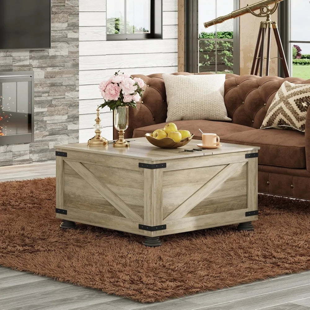 31.5” Farmhouse Square Coffee Table – Wood Center Table with Flip-Top Lids & Hidden Storage