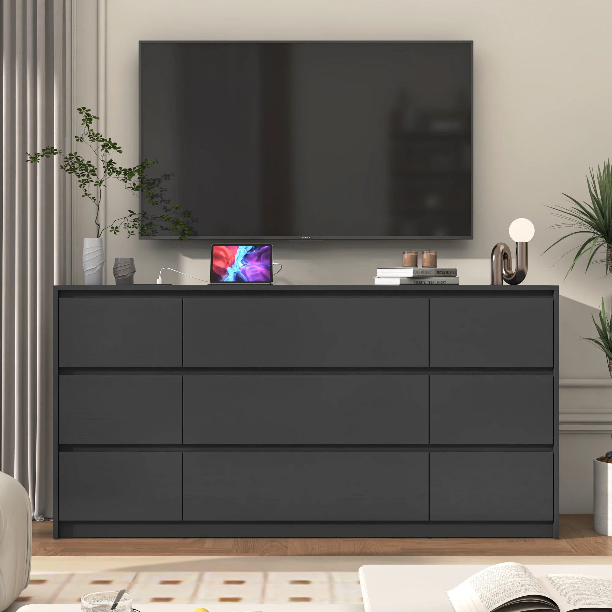 9 Drawer Dresser for Bedroom, 63" Modern Large Wood Chest of Drawers with Charging Station Handle Free, Storage Organizer Closet