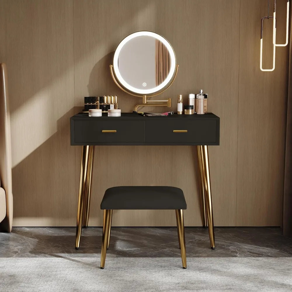 Makeup Vanity Desk with Mirror and Lights, Small Vanity Table with 2 Drawers, Stool,Vanity Set for Bedroom with Microfiber