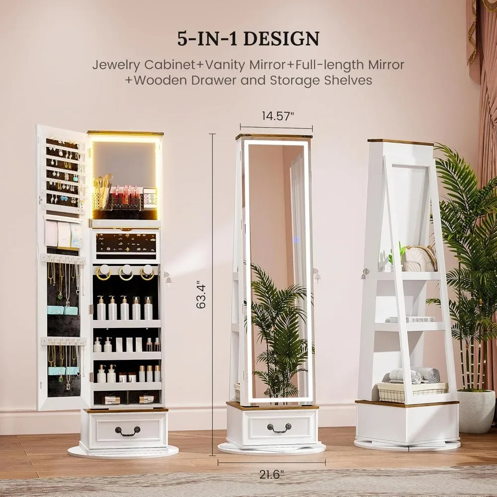 LED Mirror Jewelry Cabinet Standing, 360°Swivel Jewelry Armoire with Full Length Mirror, Mirror with Jewelry Storage