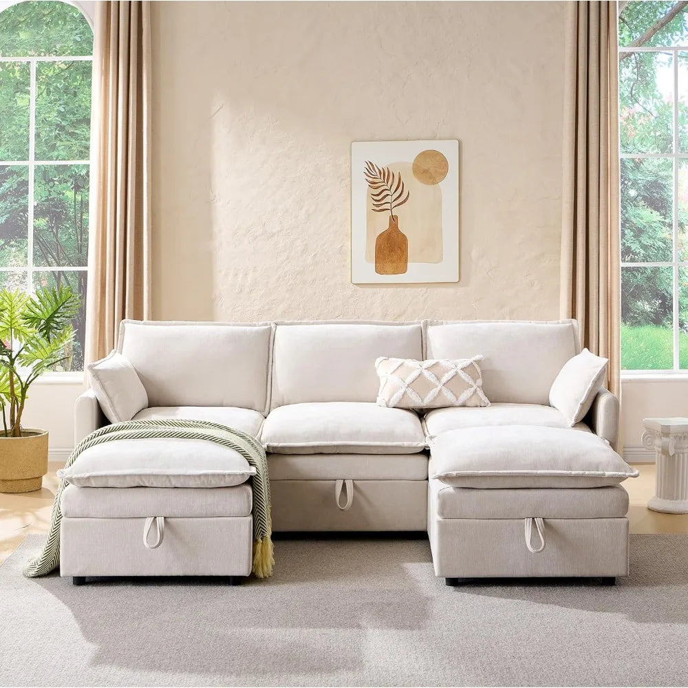 88.98" Sectional Couches for Living Room, Cloud Couch Sectional with Large Storage, U-Shape Modular Sectional Sofa with Ottoman,