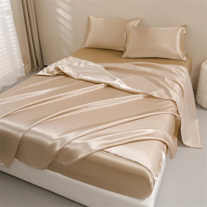 Satin Bed Sheets, Queen Size Sheets Set, 4 Pcs Silky Bedding Set   1 Deep Pocket Fitted Sheet + 1 Flat Sheet + 2 Pillowcases