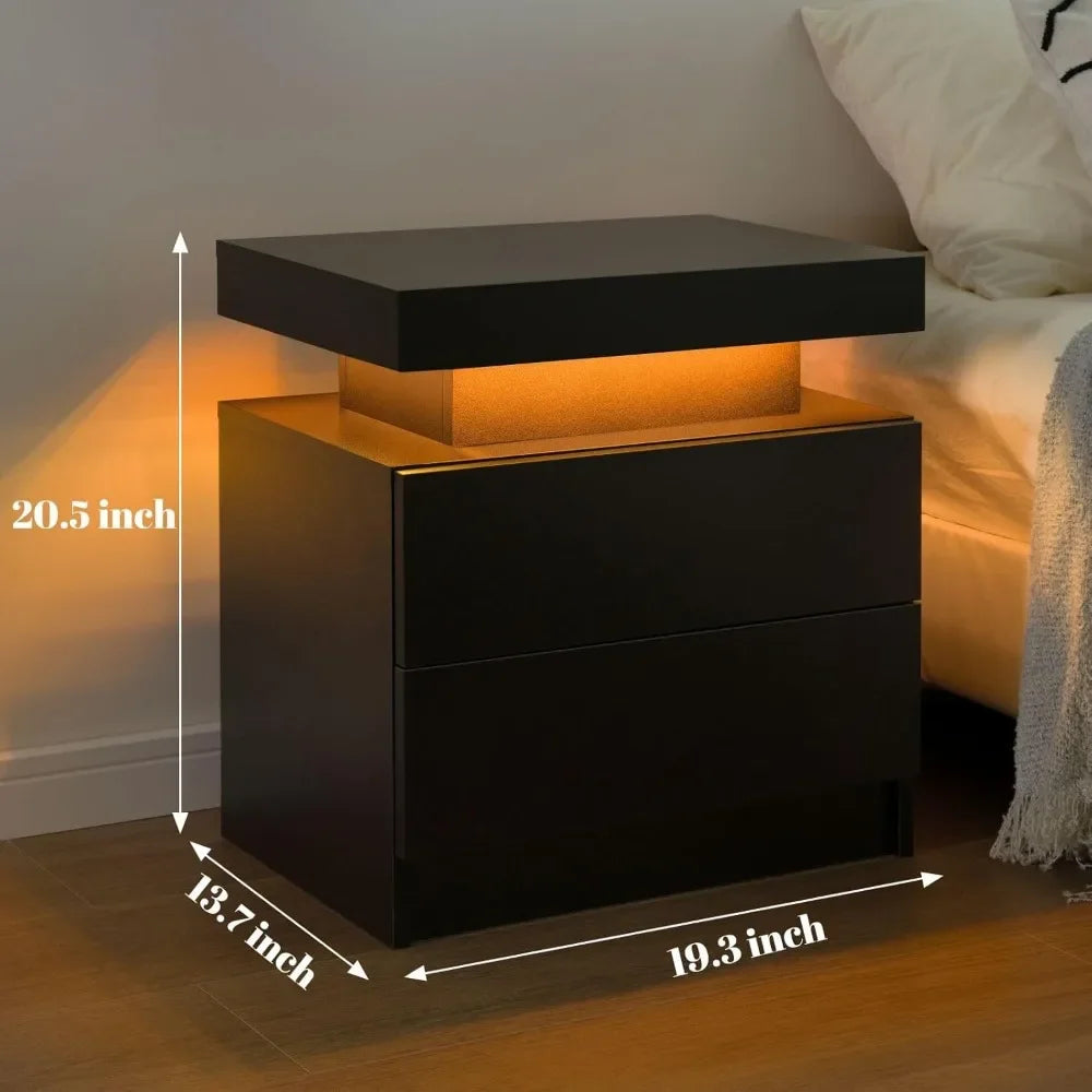 Nightstand LED Set of 2 Black Bedside Table LED Night Stand with LED Lights Modern End Side Table with 2 Drawers for Bedroom