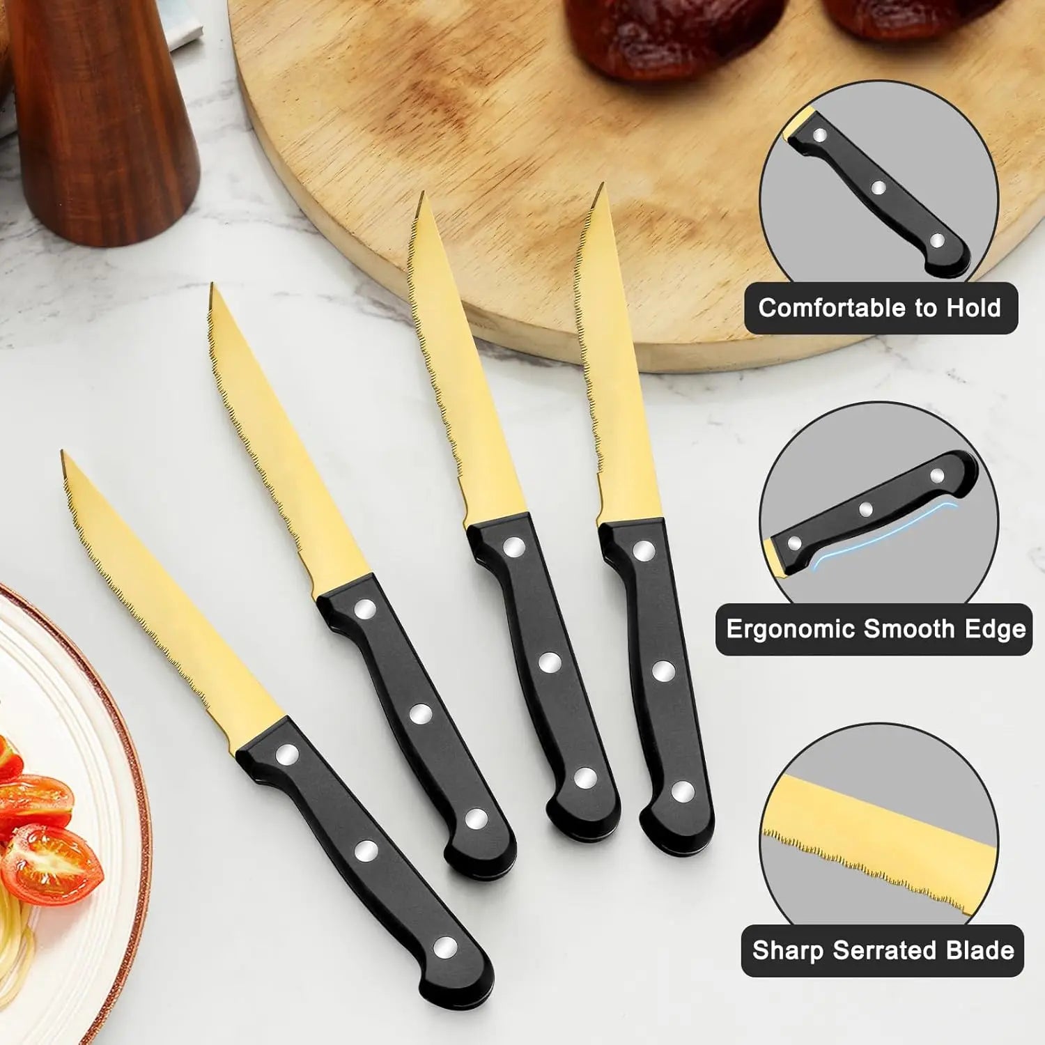 72-Pcs Gold Silverware Sets, Flatware Set with Steak Knives, Stainless Steel Cutlery Set, Include Forks Spoons and Knives Set.