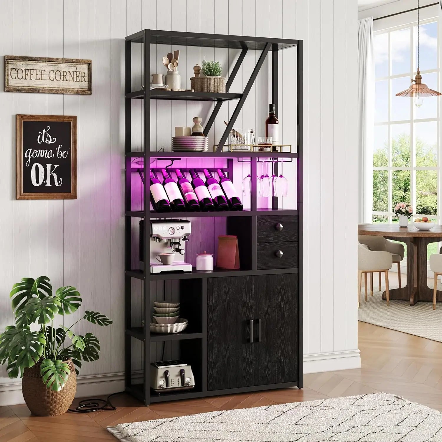 Freestanding Bar Cabinet – Wine Rack Liquor Stand with Glass Holder & LED Lights