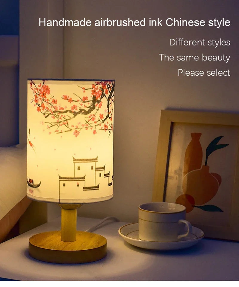 LED Table Lamps Decoration Plum Blossom Desk Dimmable EU Plug Night Light Chinese Style Fabric Simple  Bedroom Bedside Lights