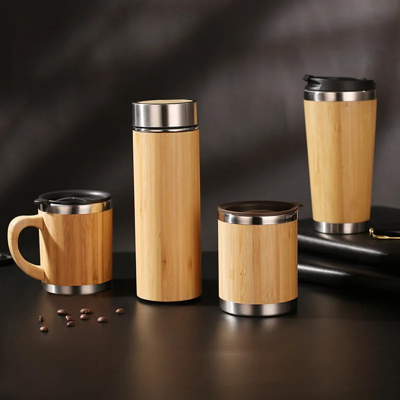 Natural Bamboo Vacuum Flask Coffee Mug – Stainless Steel Insulated Thermos