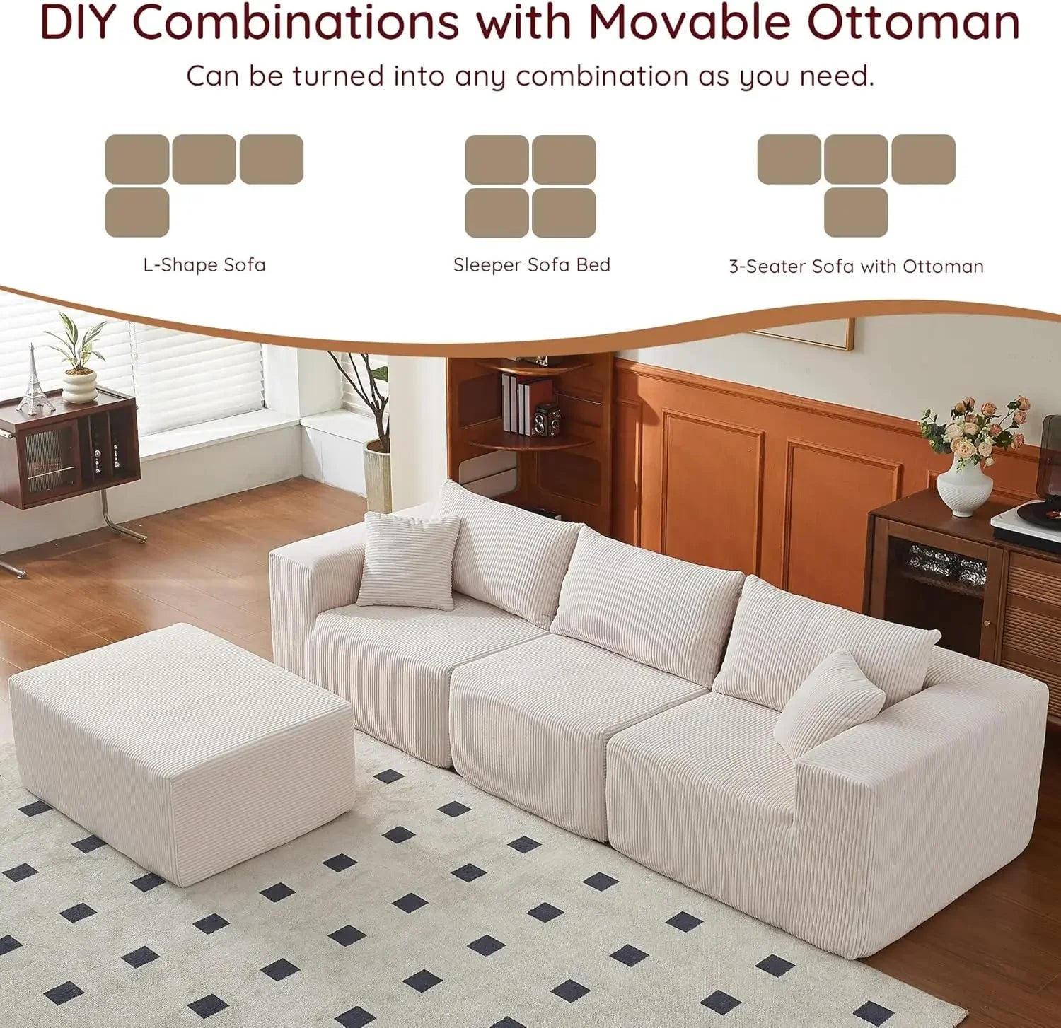 Modern Corduroy L-Shaped Sectional Sofa with Ottoman 108' Modular Couch for Living Room Bedroom Home Office