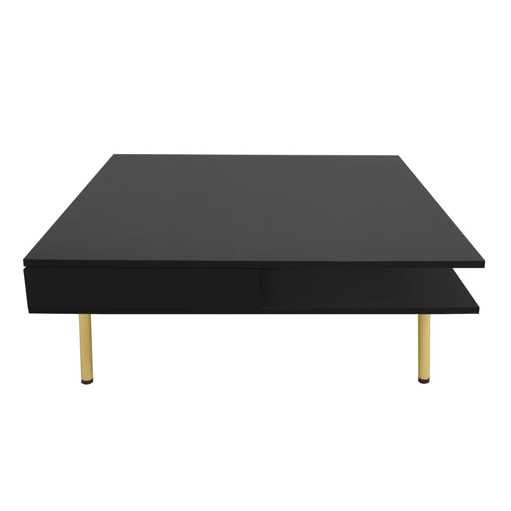 Exquisite High-Gloss Coffee Table – Square 2-Tier Center Table with Gold Legs & Dual Drawers (Black)