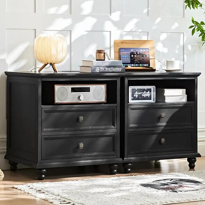 24" Wide Farmhouse Nightstand Set of 2 with Charging Station,End Table with 2 Drawers,Natural Wood Dresser for Bedroom Cabinet