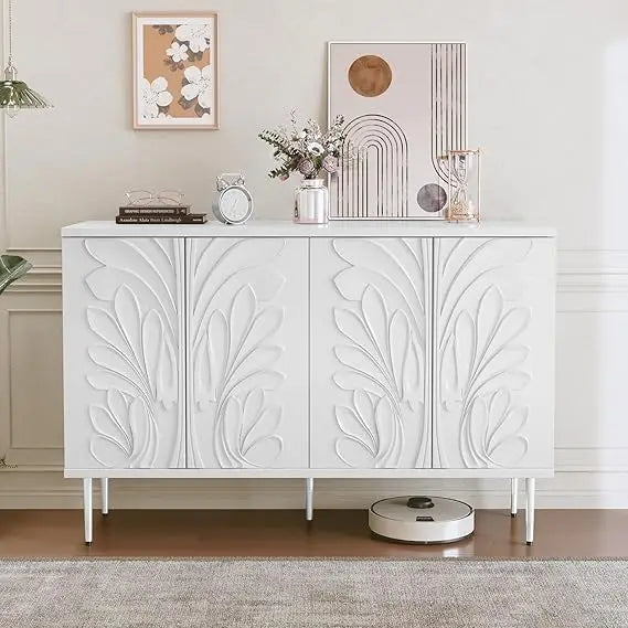Sideboard Buffet Cabinet with 3D Flower Pattern, Accent Cabinet with 4 Doors & Adjustable Shelves, Wood Decorative Credenza with