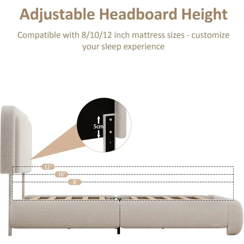 Queen Size Bouclé Upholstered Cloud Platform Bed Frame with Headboard – Soft Rounded Corners