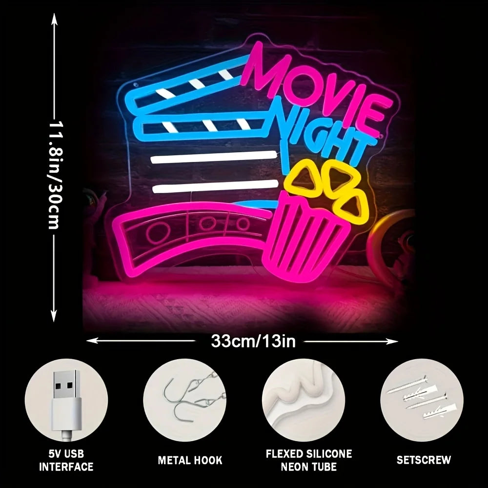 Movie Night LED Neon Sign Popcorn Neon Light for Gameroom Bedroom Bar Livingroom Birthday Party USB Dimmable Wall Decor Gift