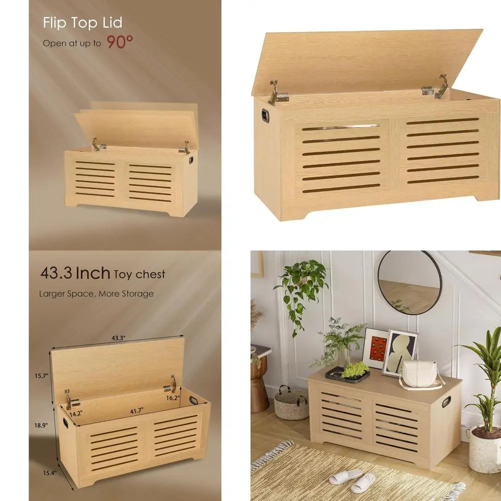 Wooden Storage Chest Bench – 43.3″ Flip-Top Farmhouse Shoe Bench