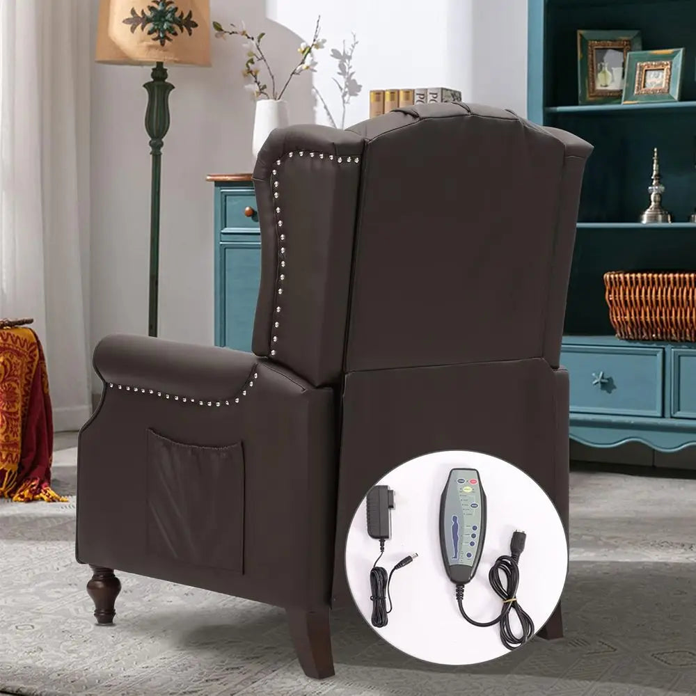 Mid-Century Style Reclining Leather Armchair with Massage and Heat Features, Brown Accent Chair with Tufted Back, Nailhead Trim,