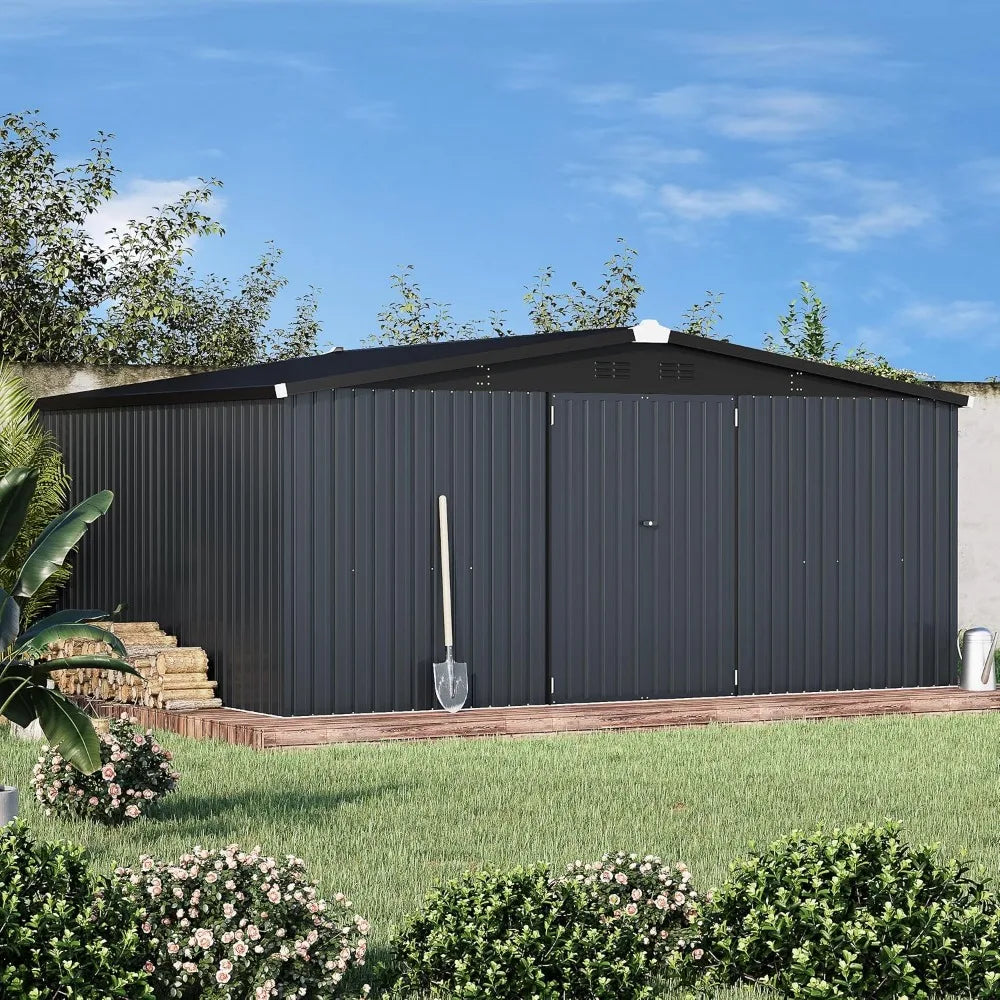 Large 14x12 Outdoor Metal Storage Shed with Lockable Doors and Yard Storage Solutions