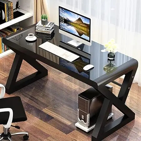 55.1-Inch Modern Minimalist Black Glass Computer Desk – Home Office Study Desk