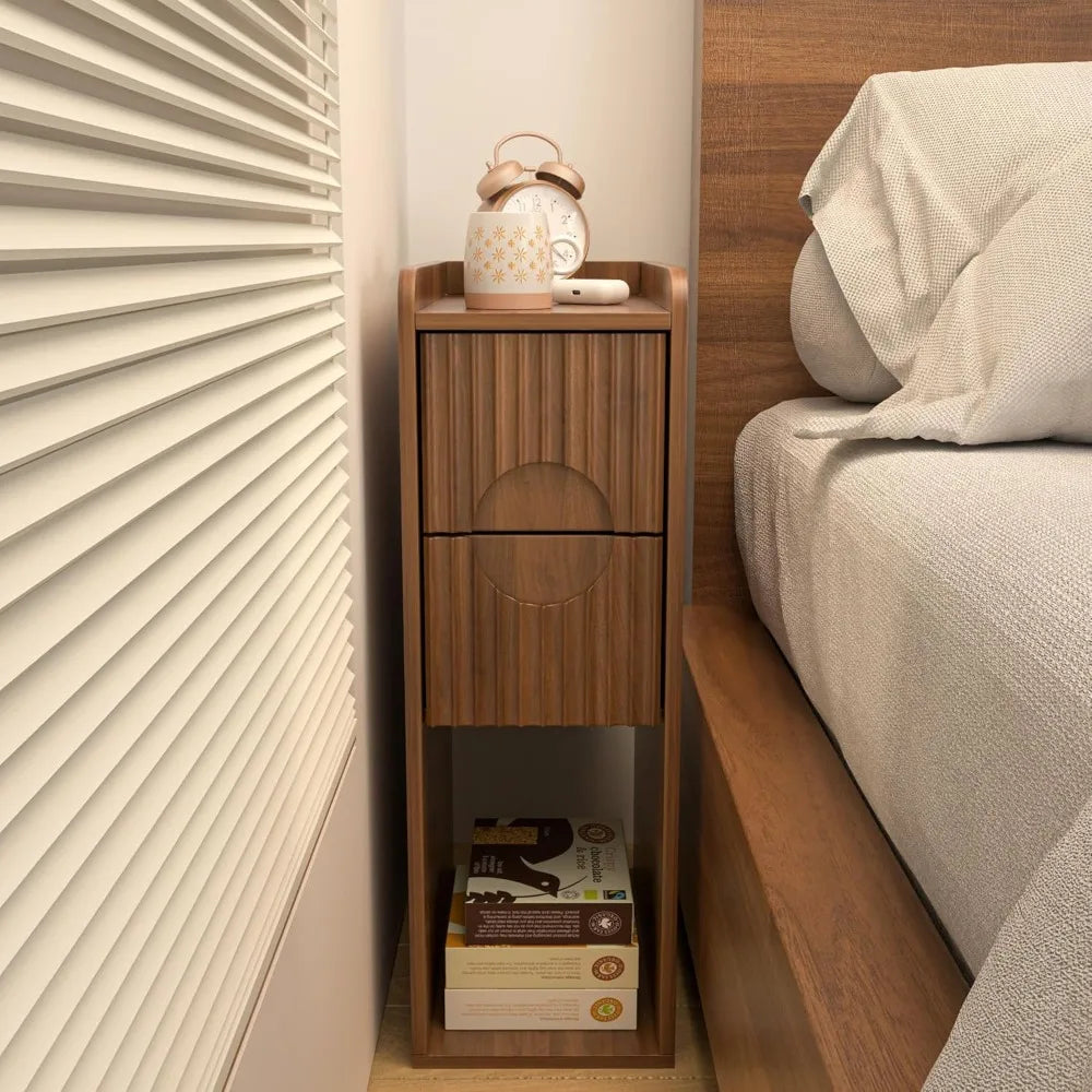 Narrow Fluted Nightstand Set of 2, Wooden Small 2 Drawer Nightstand, Slim Side End Table, Vintage Bedside Table, Mid Century Mod