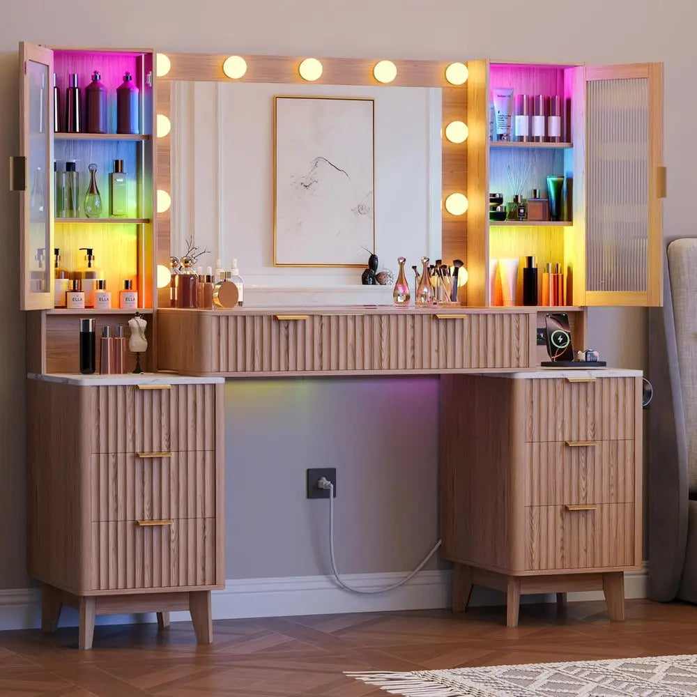 LED-lit 30.1 Mirror Vanity Desk with 8 Drawers, Glass Top, Power Outlet, Natural Oak Makeup Table for Bedroom