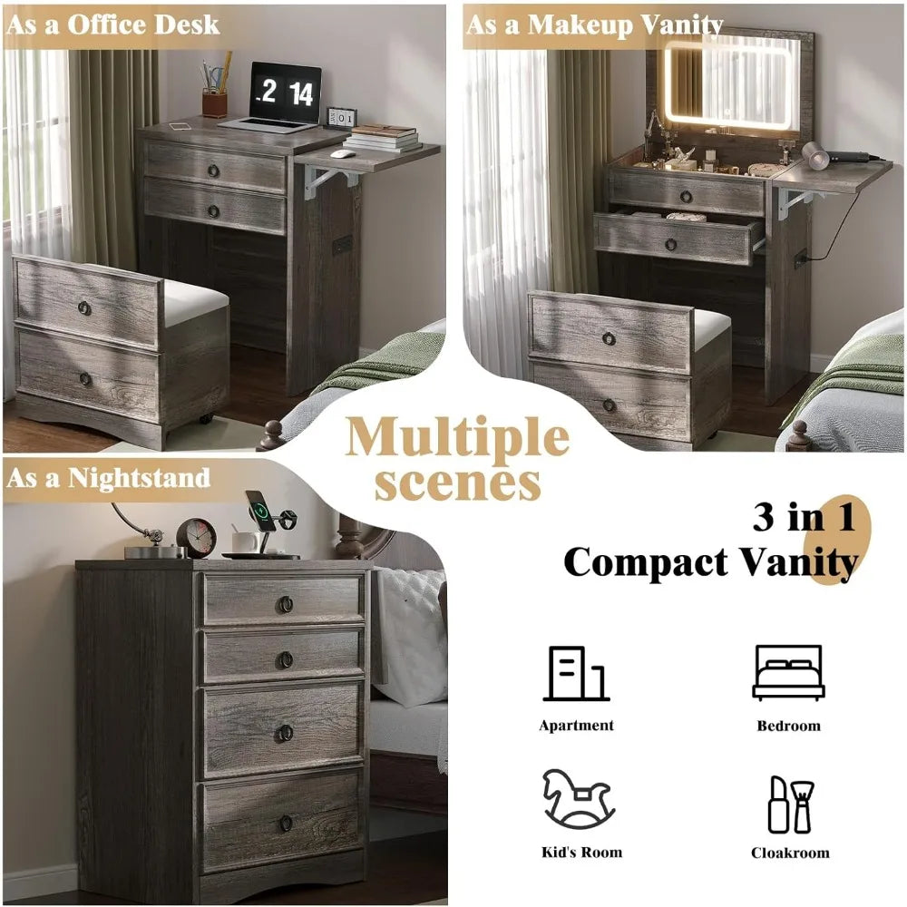 3-in-1 Vanity Set with LED Lighted Flip Top Mirror, Makeup Table with Fold-Up Panel, Hidden Stool, Charging Station, Small Vanit