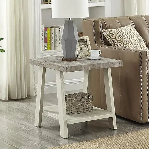 Furniture Athens Contemporary Two-Tone Wood Shelf End Table, Weathered Gray and Beige