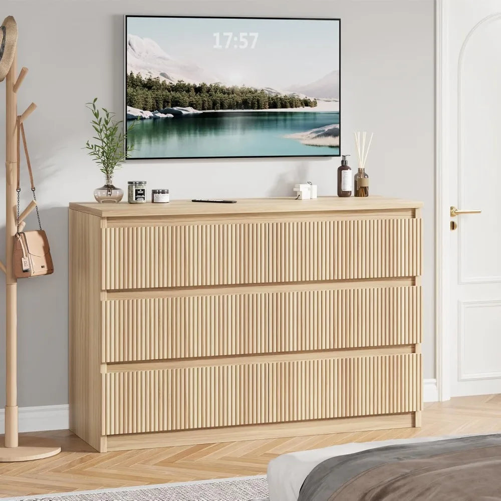 6 Drawer Dresser for Bedroom, Modern Fluted Dresser, Bedroom Dressers with Drawers, Large Double Wooden Chest of Drawers for