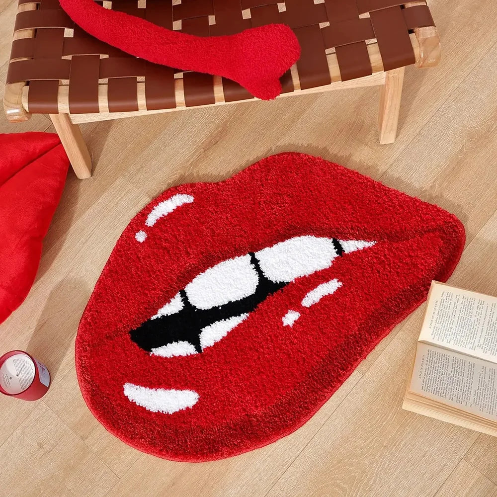 Red Lips Print Faux Wool Rug - Non-Slip Entryway Doormat, Bathroom & Windowsill Carpet, Durable Washable Home Decor