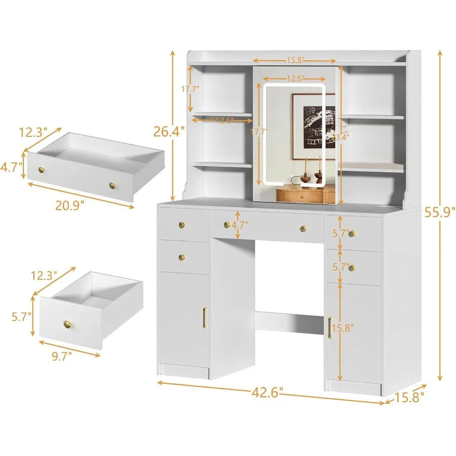 White Vanity Desk with LED Lights and Sliding Mirror for Bedroom 5 Drawers 2 Cabinets 6 Shelves Power Outlet Modern Makeup Desk
