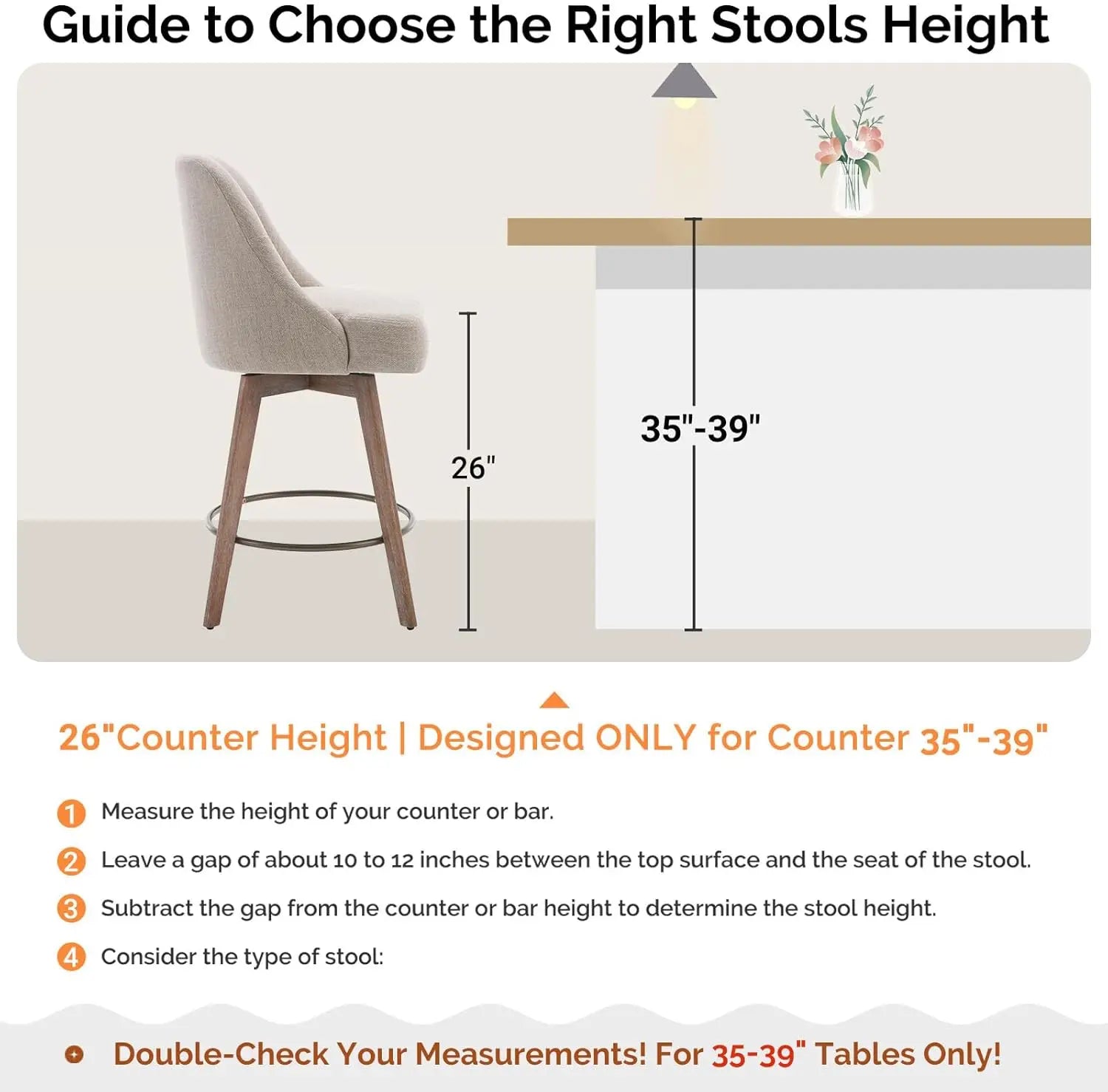 Mid-Century Swivel Counter-Height Bar Stools with Back – Linen Upholstered, Wood Legs (Set of 2)