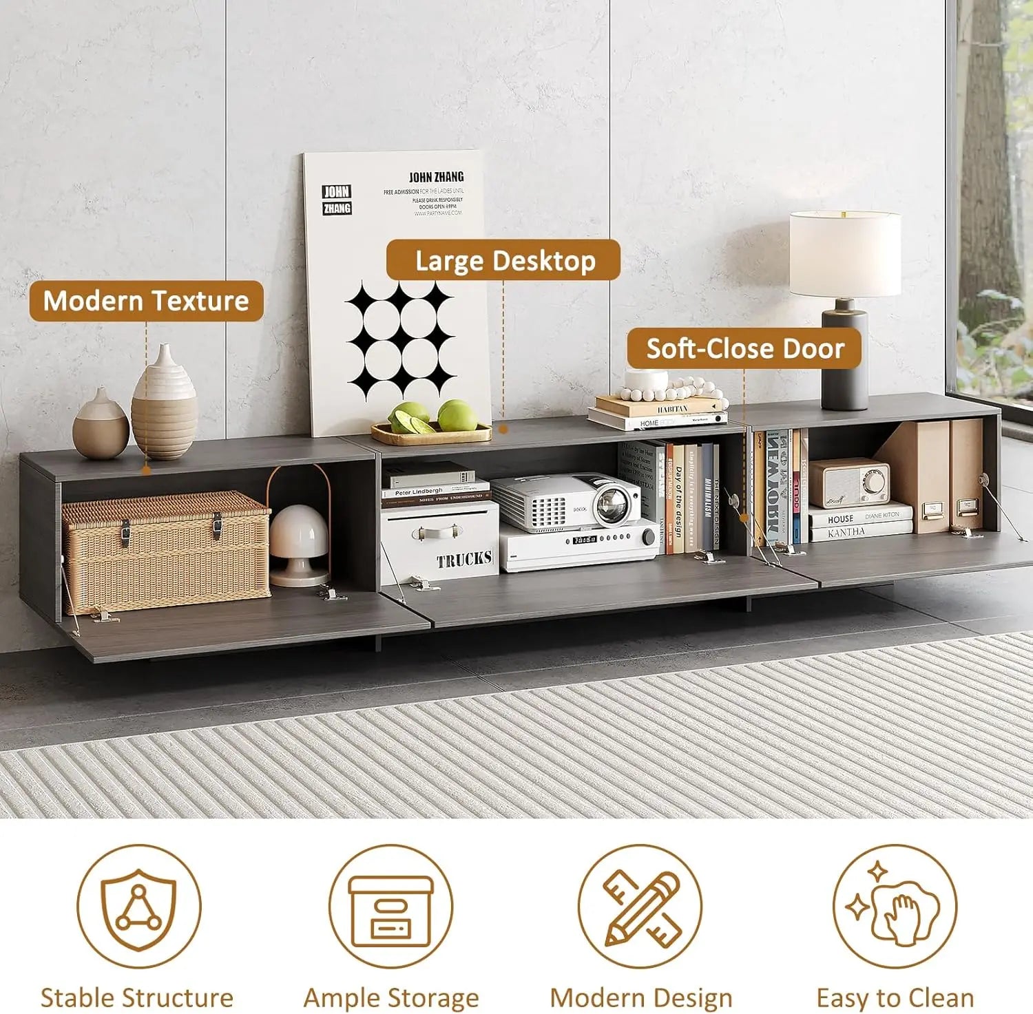 76.4' Modern TV Stand with 4 Drawers, Grey Storage Cabinet for Living Room, Bedroom